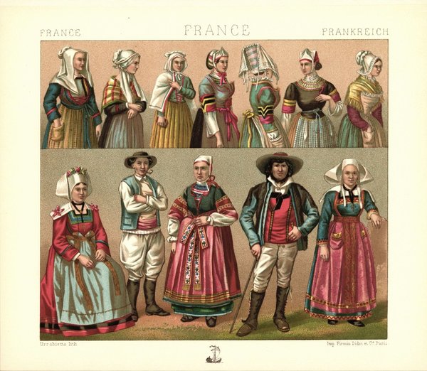 Frankreich. Bretonische Trachten. 19.Jhd. . Lithografie von 1888. (T491)