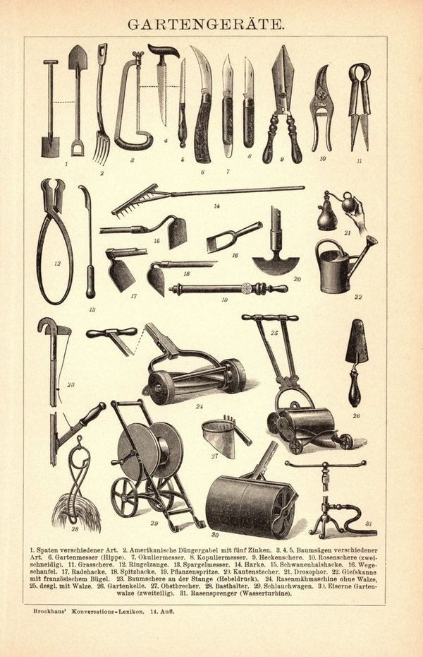 Gartengeräte. Buchillustration (Stich) von 1897