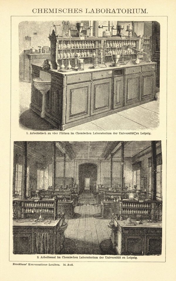 Chemisches Laboratorium. Buchillustration (Stich) von 1897