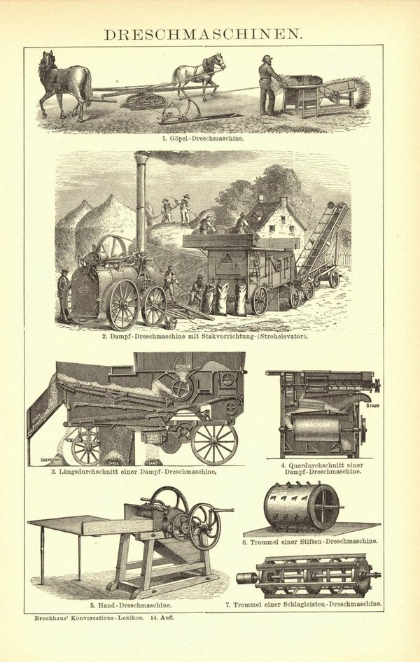 Dreschmaschinen. Buchillustration (Stich) von 1897