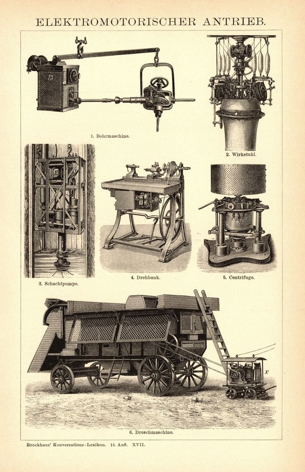 Elektromotorischer Antrieb. Buchillustration (Stich) von 1897