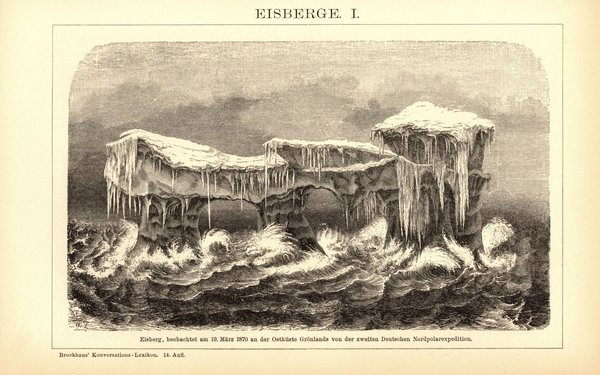 Eisberge. Buchillustration (Stich) von 1897