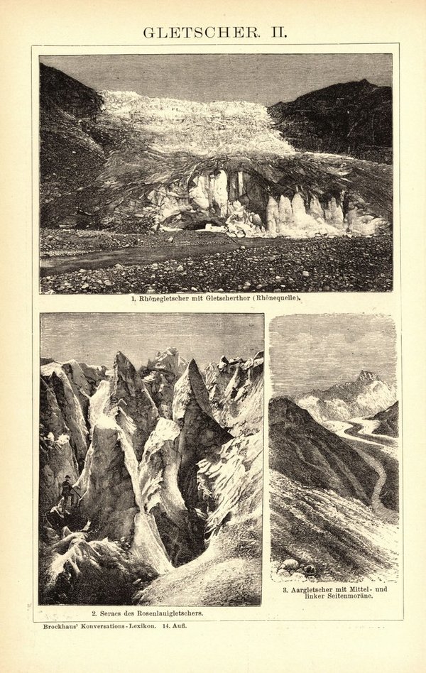 Gletscher. Buchillustration (Stich) von 1897