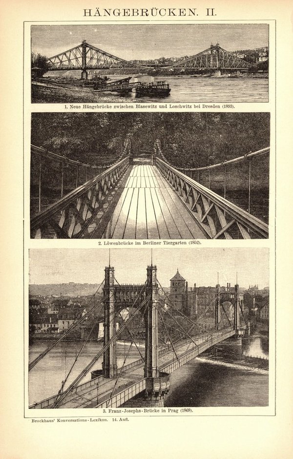 Hängebrücken. Buchillustration (Stich) von 1897
