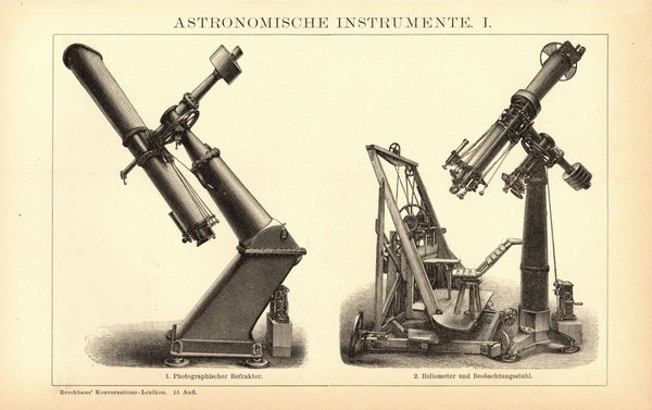 Astronomische Instrumente. Buchillustration (Stich) von 1897