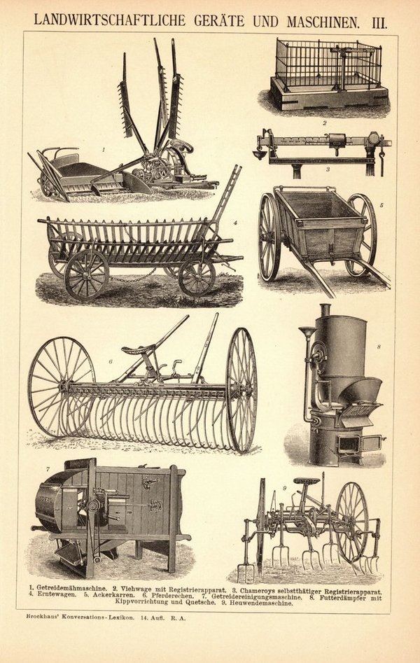 Landwirtschaftliche Geräte und Maschinen III-IV. Buchillustration (Stich) von 1897