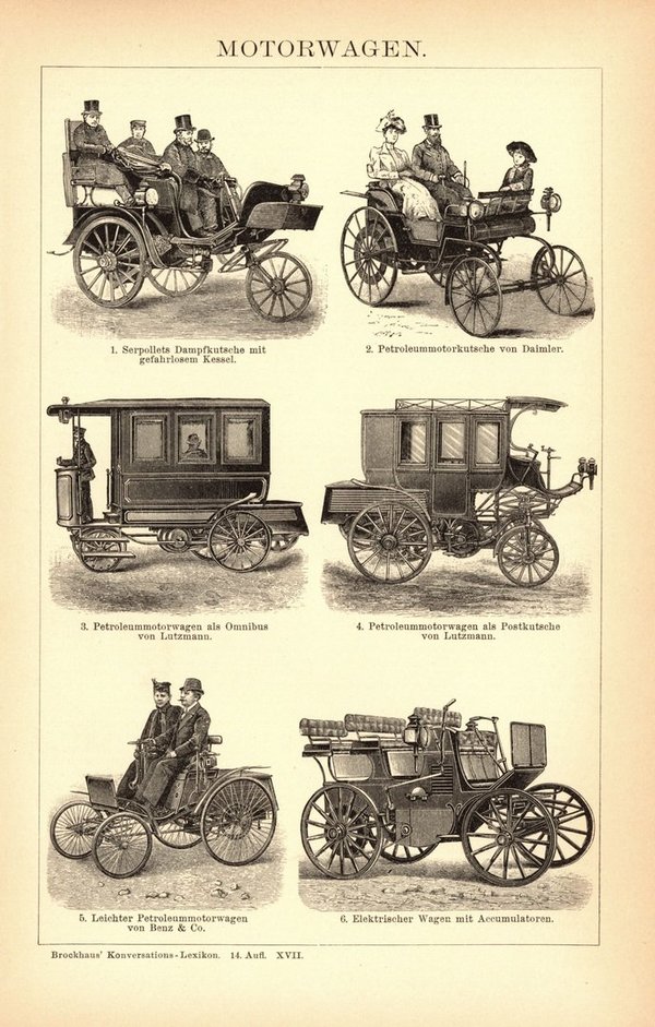 Motorwagen. Buchillustration (Stich) von 1902