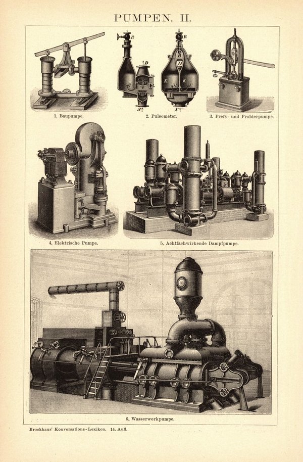 Pumpen. Buchillustration (Stich) von 1897