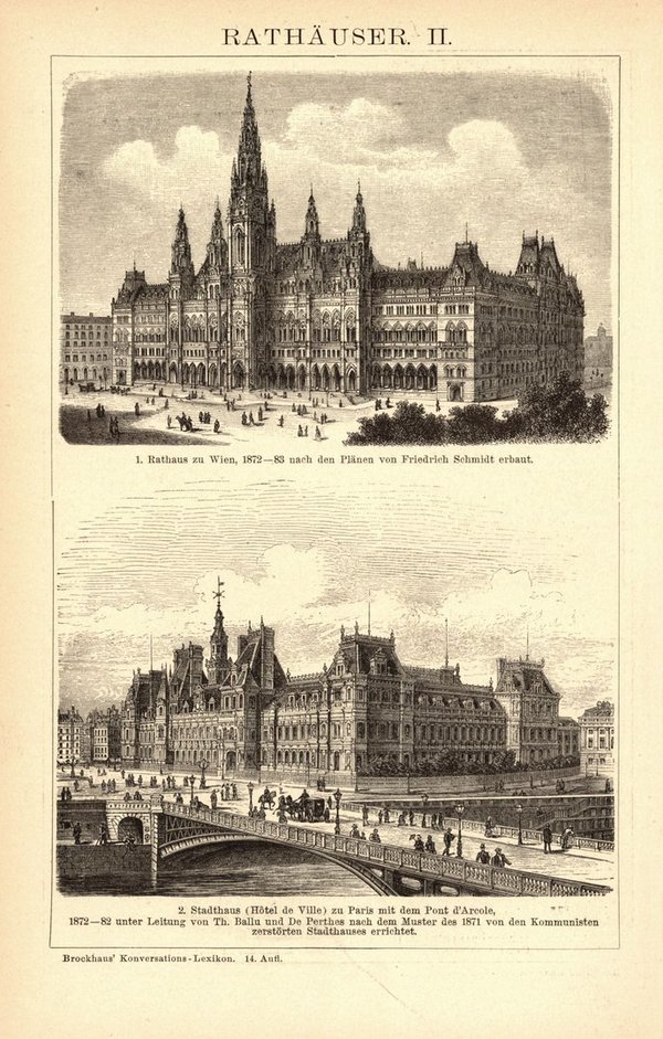 Rathäuser. Buchillustration (Stich) von 1897