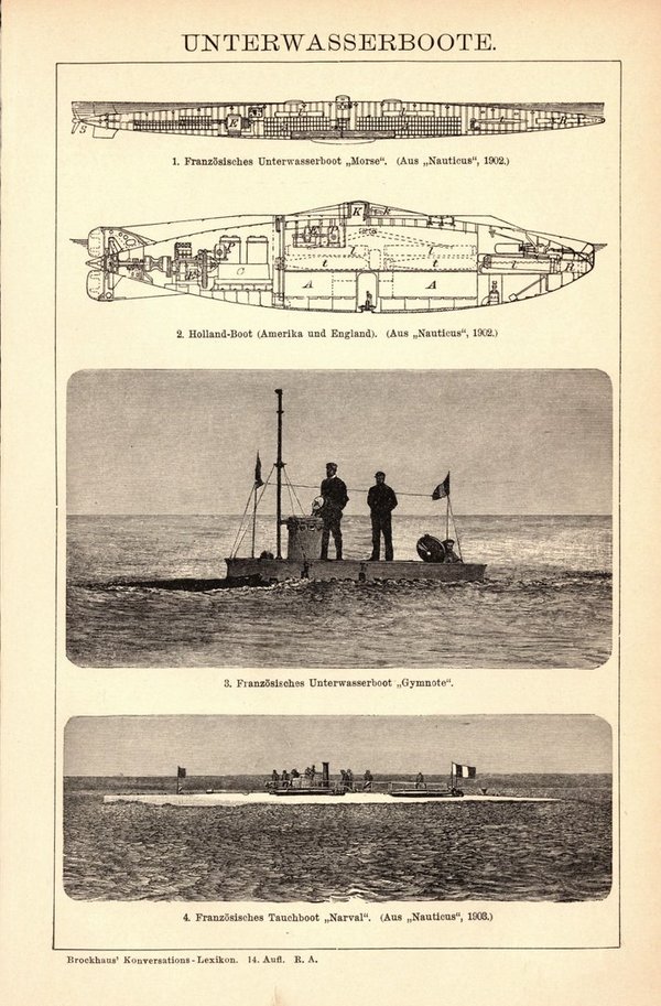 U-Boote, Unterwasserboote. Buchillustration (Stich) von 1904