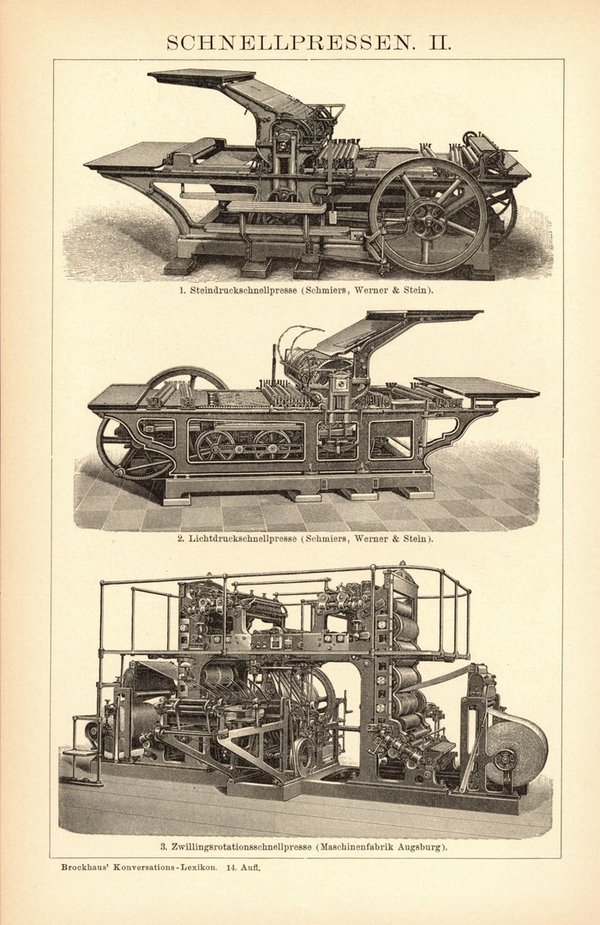 Schnellpressen. Buchillustration (Stich) von 1897