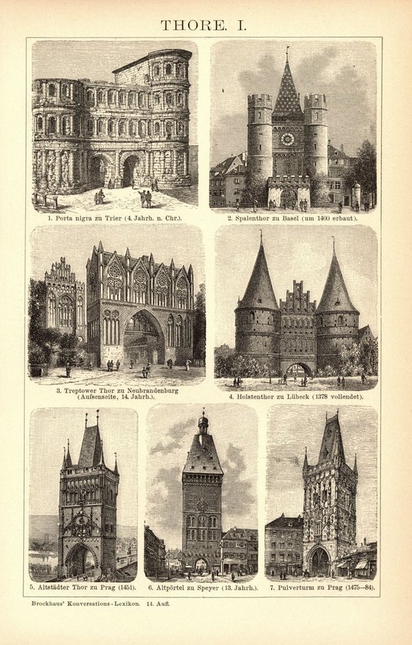 Tore, Brandenburger Tor u.a.  Buchillustration (Stich) von 1897