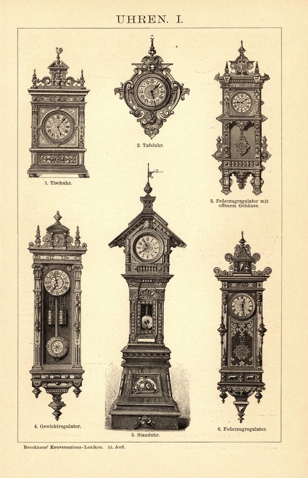 Uhren, Standuhren, Tischuhren. Buchillustration (Stich) von 1897