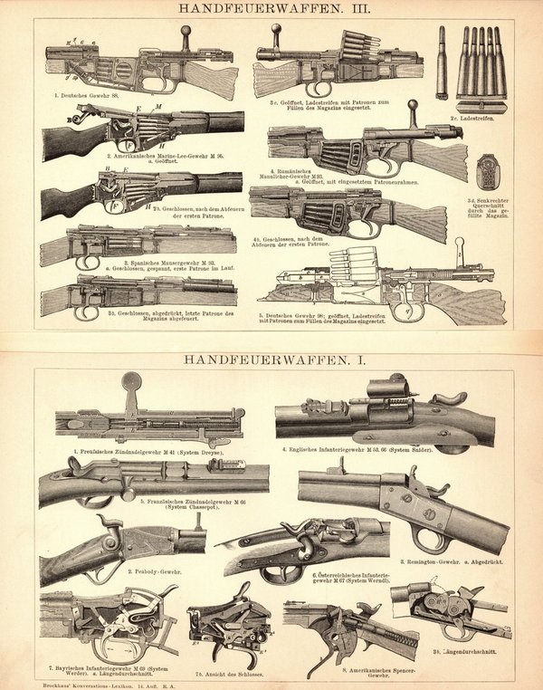 Handfeuerwaffen I-III. Buchillustration (Stich) von 1897