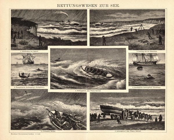 Rettungswesen zur See. Buchillustration (Stich) von 1897