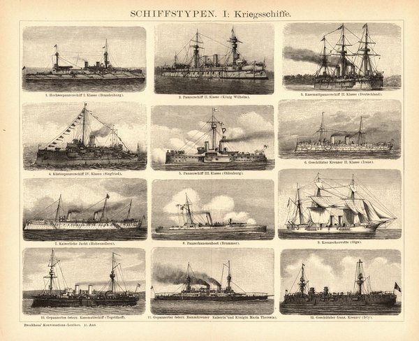 Schiffstypen, Kriegsschiffe. Buchillustration (Stich) von 1897