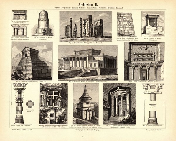 Architektur II. Assyrisch, Babylonisch, Persisch u.a.  Buchillustration (Stich) von 1893