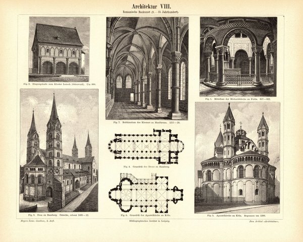 Architektur VIII. Romanische Baukunst, 9.-13. Jhd. Buchillustration (Stich) von 1893