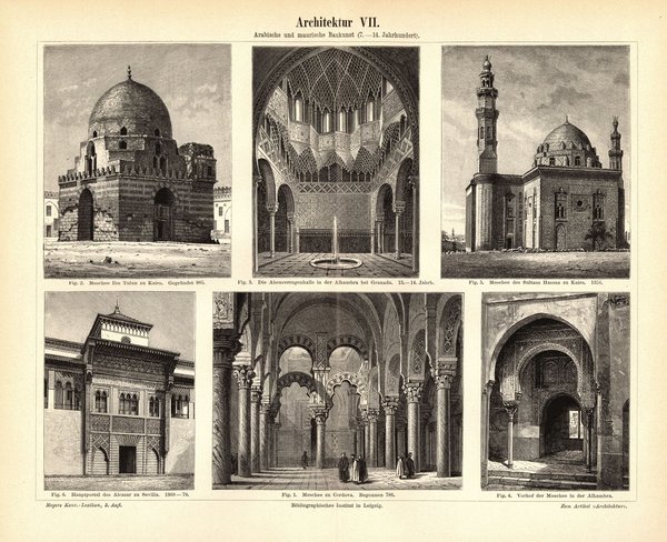 Architektur VII. Arabische, maurische Baukunst 7.-14. Jhd. Buchillustration (Stich) von 1893