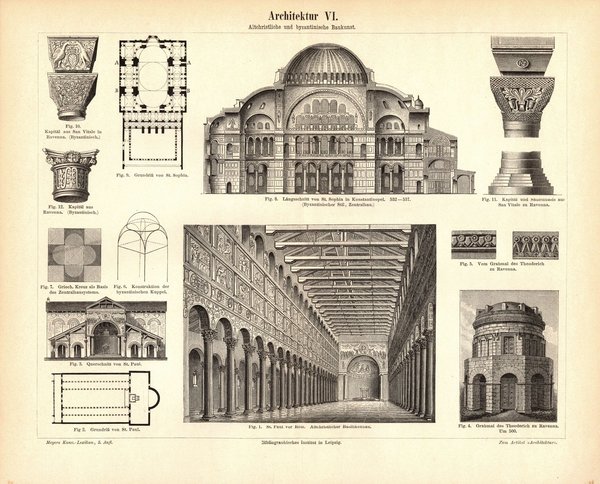 Architektur VI. Altchristliche u. byzantinische Baukunst. Buchillustration (Stich) von 1893