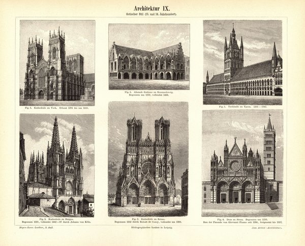 Architektur IX. Gotischer Stil 13. und 14. Jhd. Buchillustration (Stich) von 1893