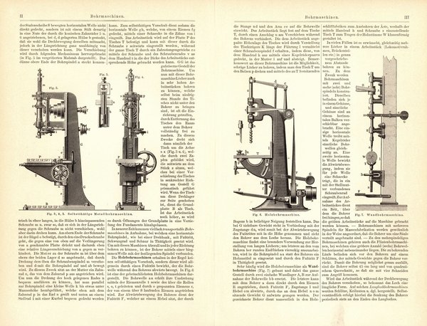 Bohrmaschinen. Buchillustration (Stich) von 1893