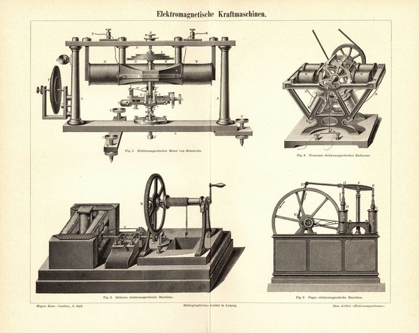 Elektromagnetische Kraftmaschinen. Buchillustration (Stich) von 1895