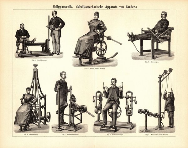 Heilgymnastik, Medikomechanische Apparate. Buchillustration (Stich) von 1895