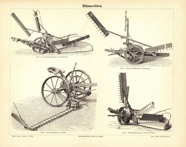 Mähmaschinen. Buchillustration (Stich) von 1896