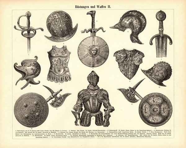 Rüstungen und Waffen. Buchillustration (Stich) von 1897