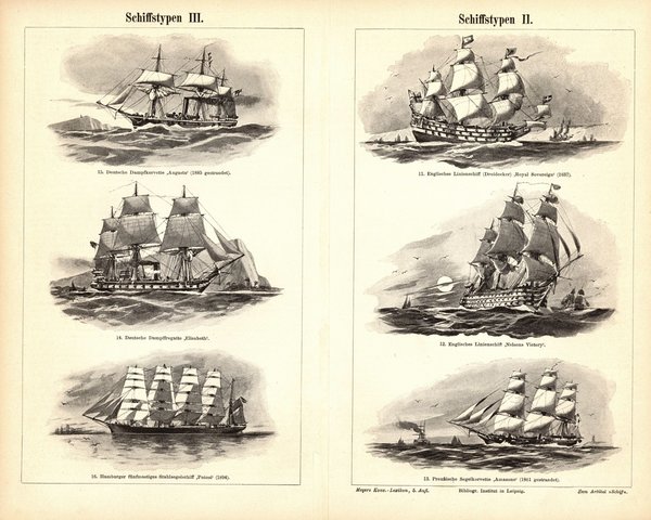 Schiffstypen aller Zeiten. Buchillustration (Stich) von 1897