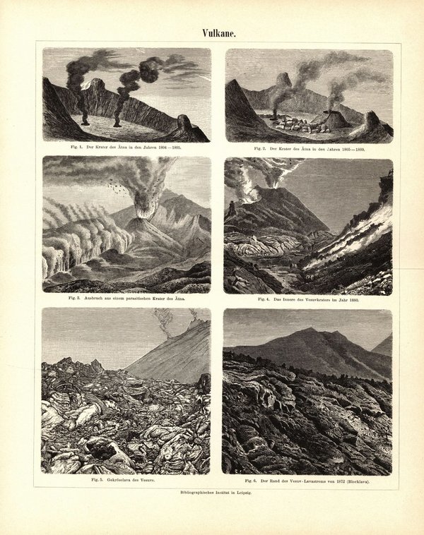 Vulkane. Buchillustration (Stich) von 1897