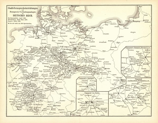 Stadt-Fernsprecheinrichtungen im Deutschen Reich. Karte mit Abbildungen (Stich) von 1898