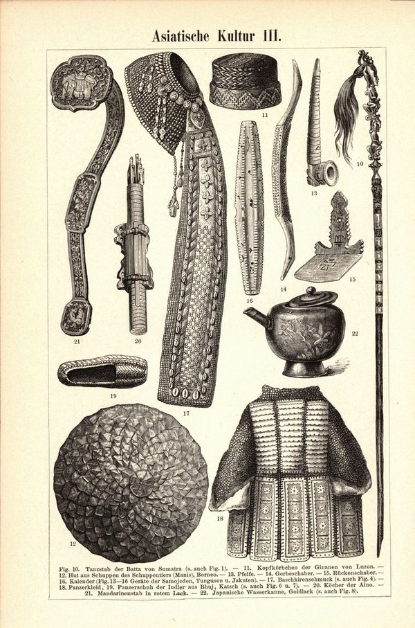 Asiatische Kultur. Buchillustration (Stich) von 1893