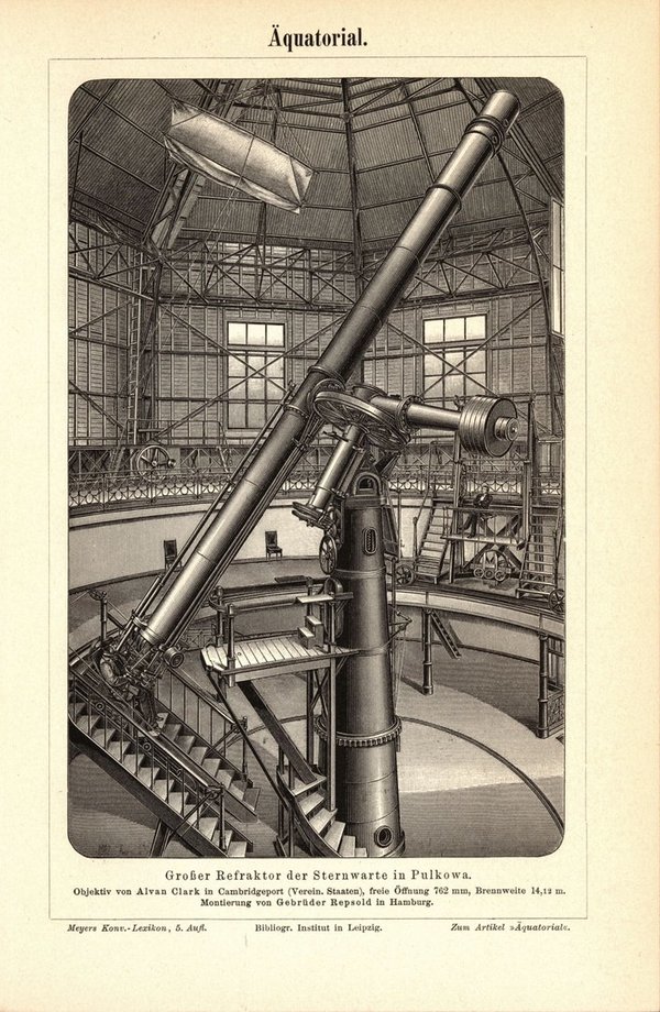 Äquatorial, Refraktor der Sternwarte in Pulkowa. Buchillustration (Stich) von 1893