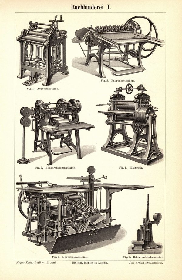 Buchbinderei. Buchillustration (Stich) von 1893