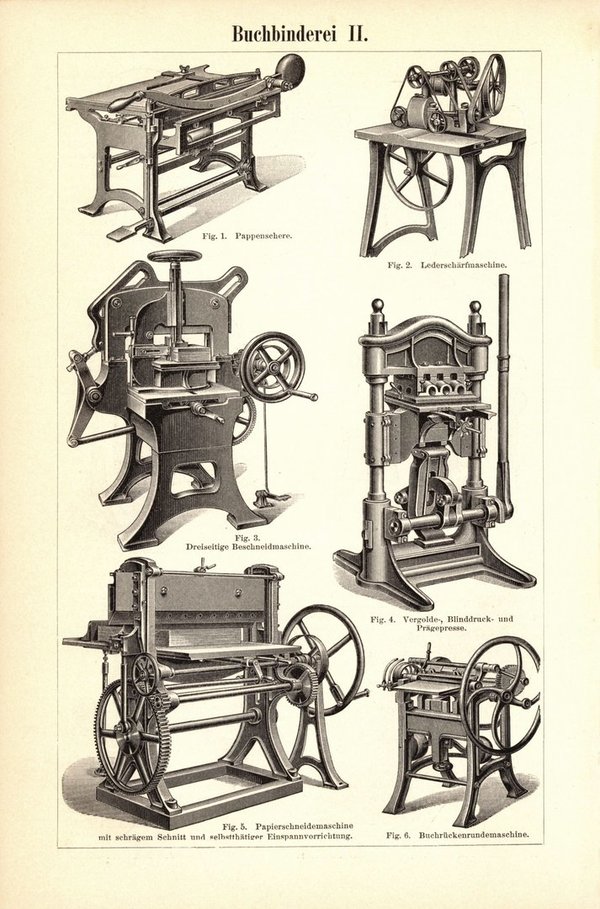 Buchbinderei. Buchillustration (Stich) von 1893