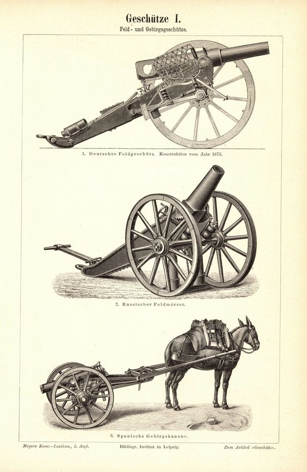 Geschütze, Feld- und Gebirgsgeschütze, Belagerungsgeschütze. Buchillustration (Stich) von 1895