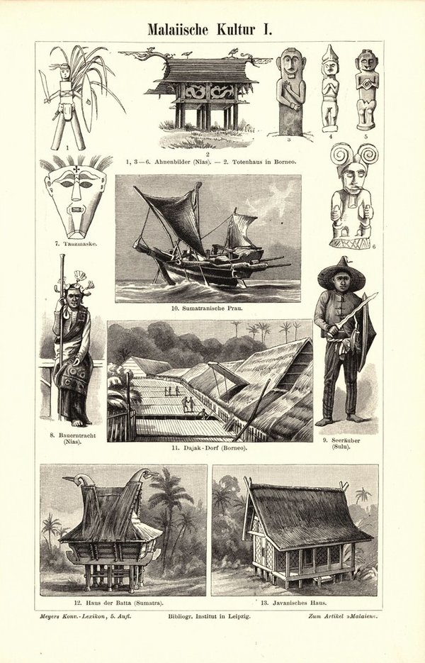 Malaiische Kultur. Buchillustration (Stich) von 1896