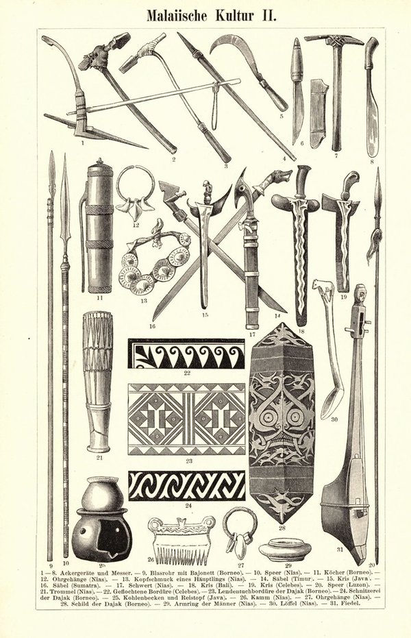 Malaiische Kultur. Buchillustration (Stich) von 1896