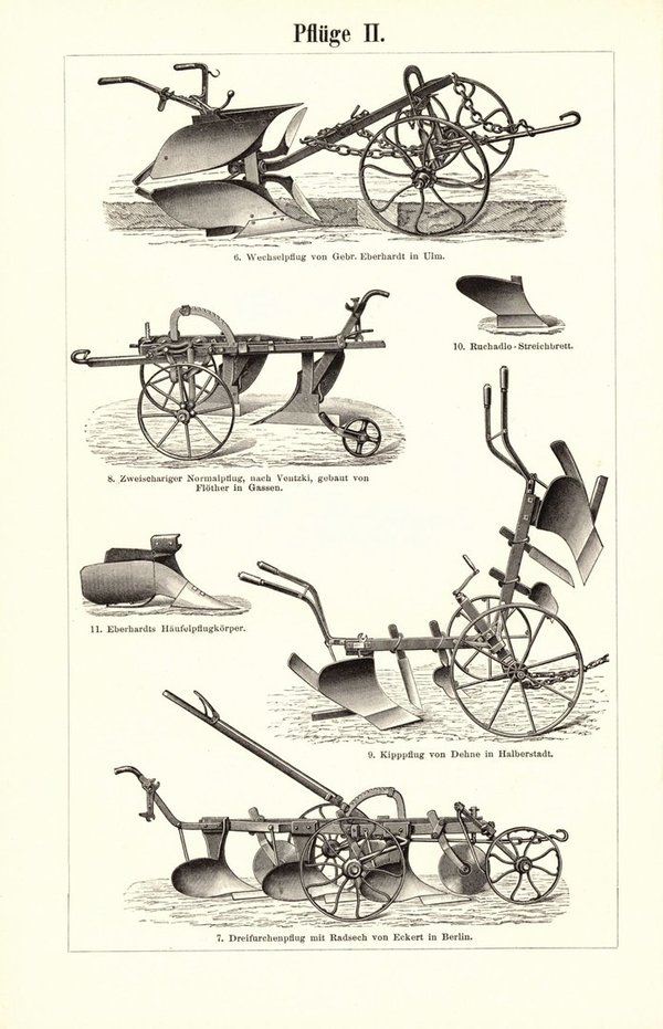Pflüge. Buchillustration (Stich) von 1897