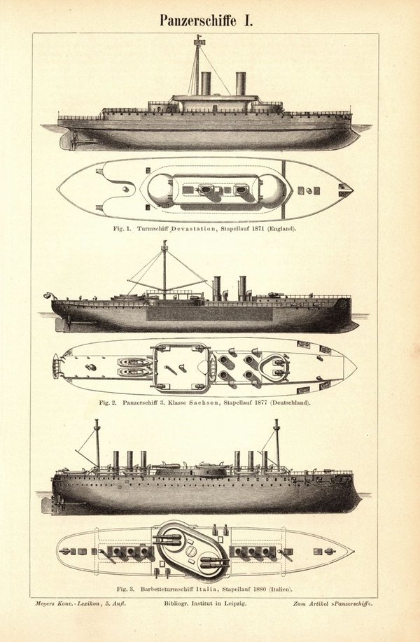 Panzerschiffe. Buchillustration (Stich) von 1897
