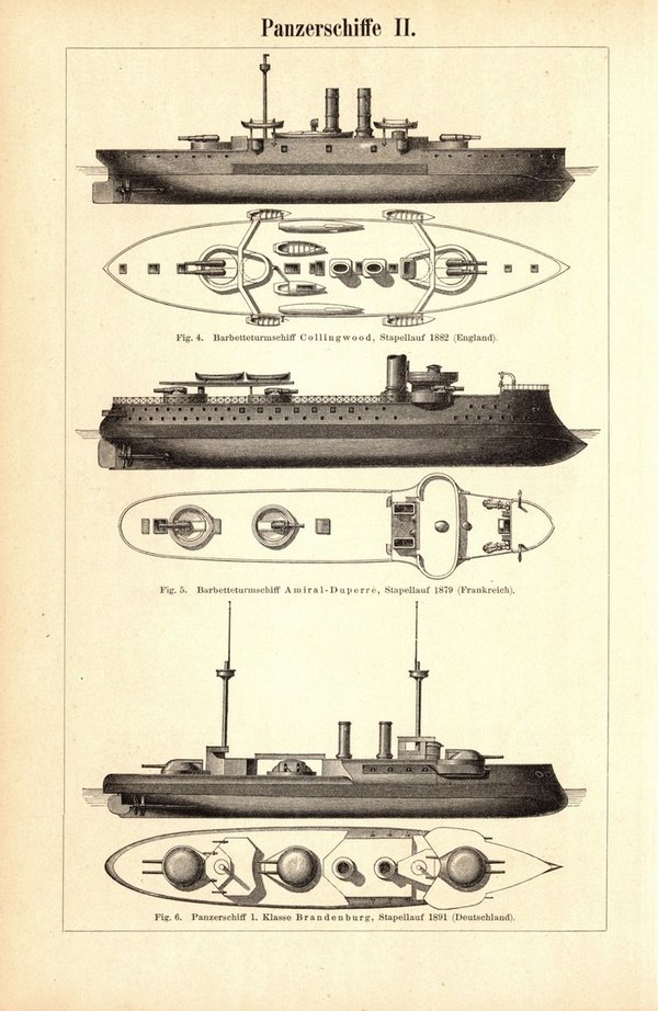 Panzerschiffe. Buchillustration (Stich) von 1897