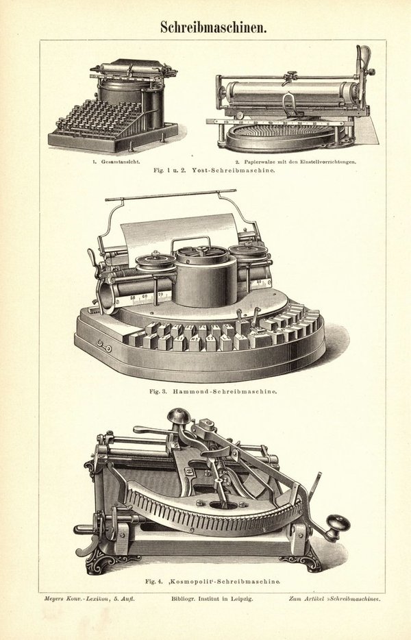 Schreibmaschinen. Buchillustration (Stich) von 1897