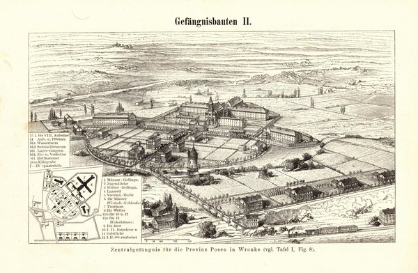 Gefängnisbauten. Buchillustration (Stich) von 1898