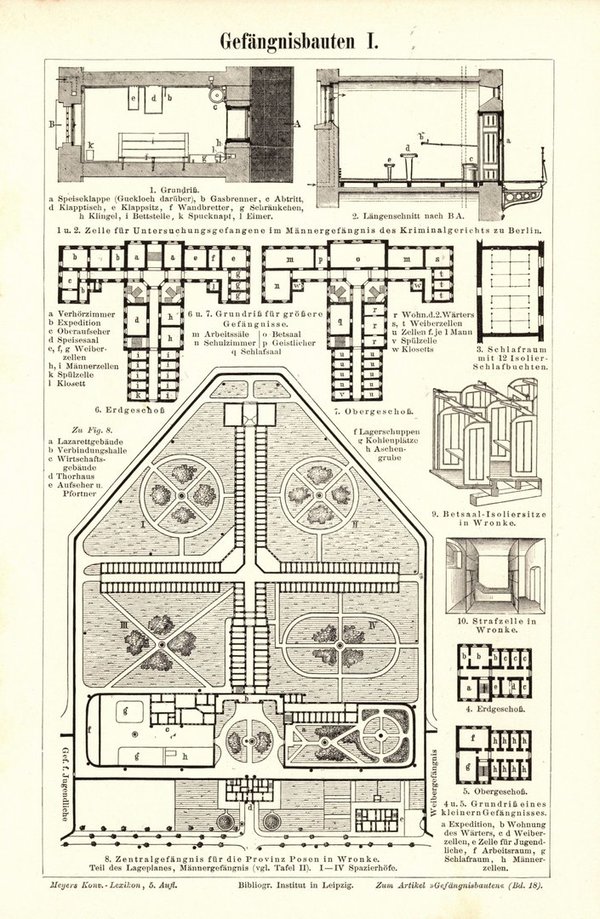 Gefängnisbauten. Buchillustration (Stich) von 1898