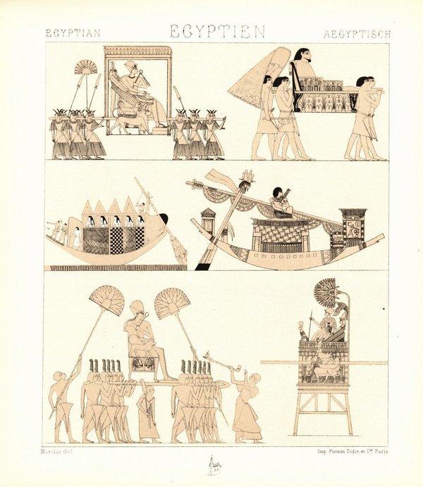 Ägypten. Sänften und Schiffe, Throne u.a.  Grafik von 1888