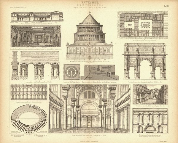 Baukunst Römischer Baustil 300 v. Chr. bis IV. Jhd. Buchillustration (Stich) von 1874