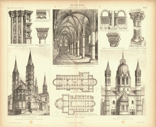 Baukunst, Romanischer Stil. Buchillustration (Stich) von 1874