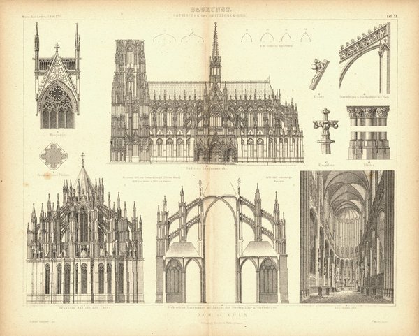 Baukunst, Gothischer oder Spitzbogen Stil, Kölner Dom u.a. Buchillustration (Stich) von 1874